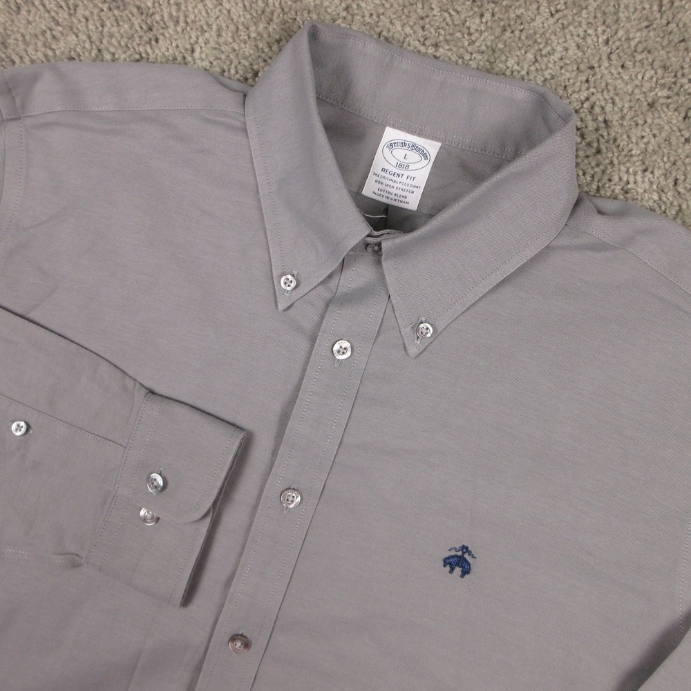 Brooks Brothers Shirt Mens Large Gray OCBD Non Iron Stretch Sheep Logo Button Up